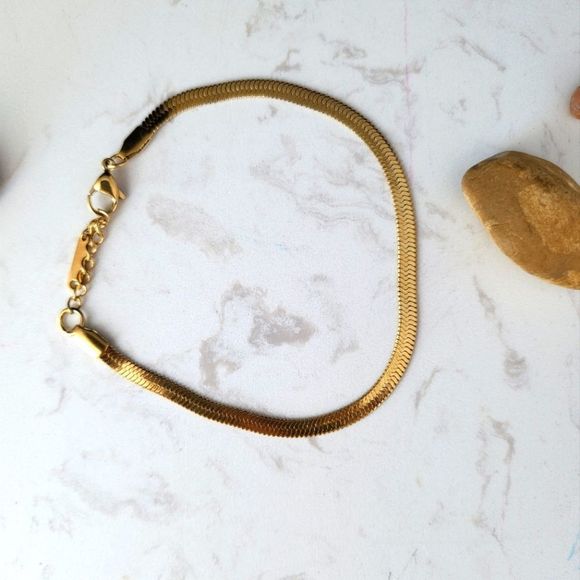 Gold color stainless steel anklets flat snake adjustable - Picture 1 of 6